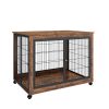 Furniture Style Dog Crate Side Table on Wheels with Double Doors and Lift Top. Rustic Brown, 43.7'' W x 30'' D x 31.1'' H.